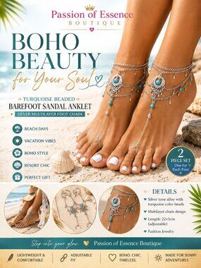 Boho Turquoise Blue Beaded Barefoot Sandal Anklet Set – 2PC Silver Foot Chains